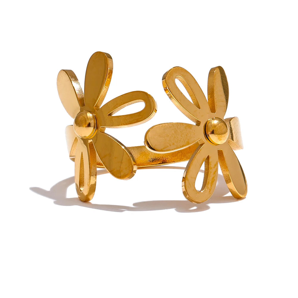 Yhpup-anel dourado aberto em aço inoxidável para mulheres, impermeável banhado a PVD 18k, joias elegantes, presente flor da planta, 2024