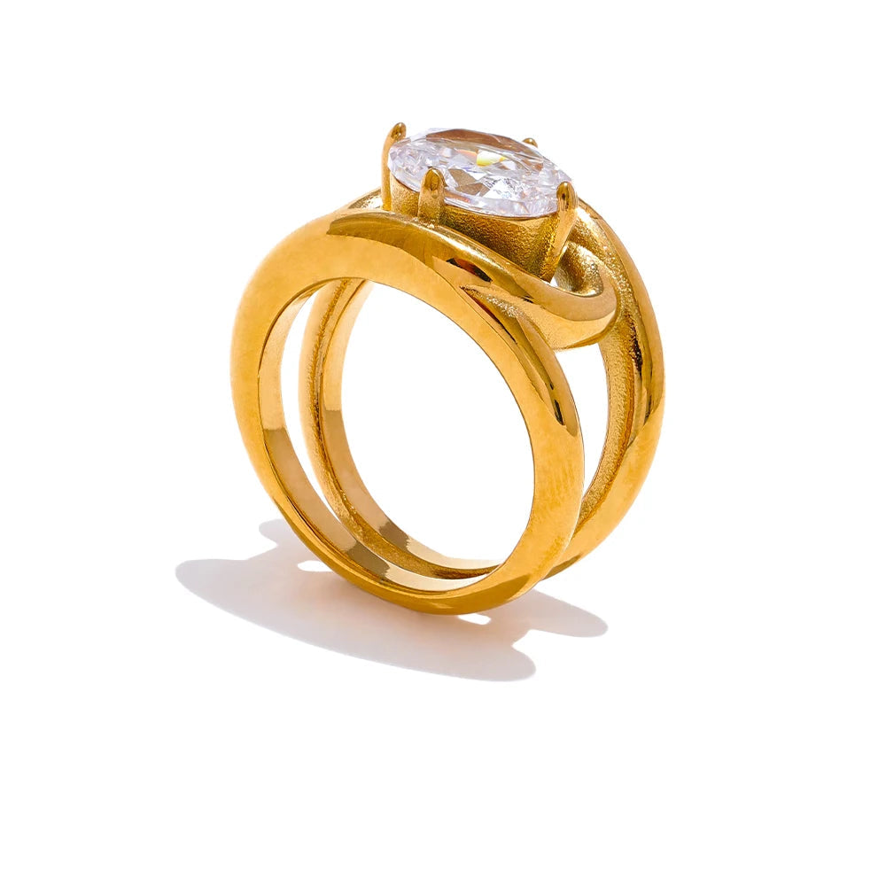 Yhpup brilhante aaa zircônia cúbica aço inoxidável cor de ouro pvd anel banhado temperamento moda feminina moda dedo jóias presente
