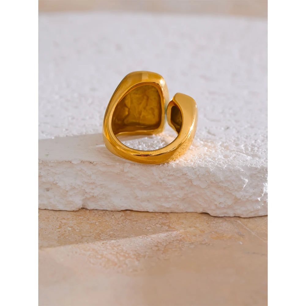 Yhpup-Anel Dourado Fundido Geométrico para Mulheres, Aço Inoxidável, Metal Liso, Textura Charme, Prova de Ferrugem, Jóias Declaração, Moda