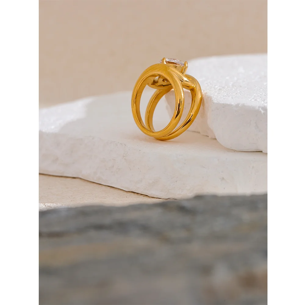 Yhpup brilhante aaa zircônia cúbica aço inoxidável cor de ouro pvd anel banhado temperamento moda feminina moda dedo jóias presente