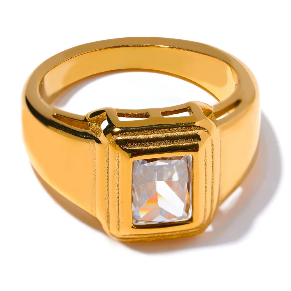 Yhpup branco verde zircônia cúbica quadrado de aço inoxidável à prova dwaterproof água anel charme textura elegante jóias de ouro