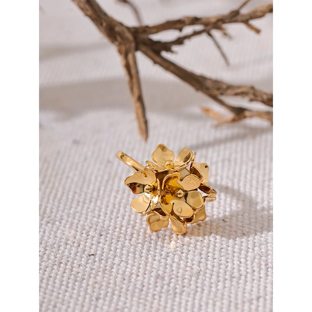 Anel feminino ajustável yhpup, flor estereoscópica de aço inoxidável, amuleto de metal, joia diária, moda chique, prova de ferrugem dourada