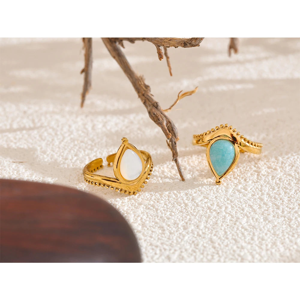 Yhpup-Pedra Natural Shell Anel Aberto Ajustável, Charme de Aço Inoxidável, Azul e Branco, Amazonite Jóias, Daily Fashion Gift, França, 2024