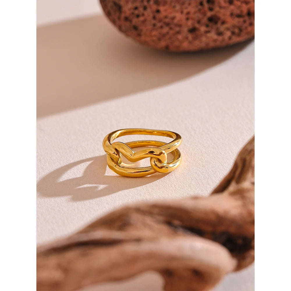 Yhpup-Handmade Geométrico Amor Anel Do Coração, Metal De Aço Inoxidável, 18K PVD Plated Textura, Charme Finger Jewelry, Camada Distintiva, Novo
