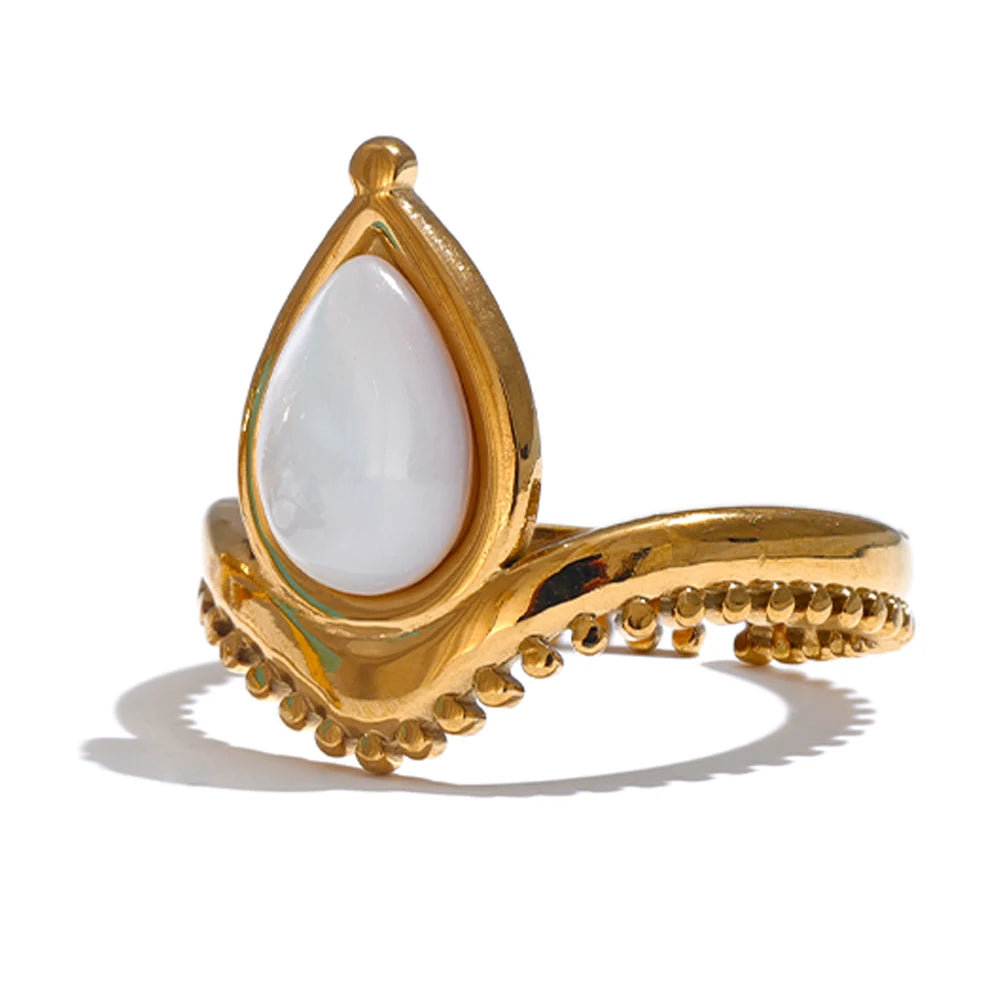 Yhpup-Pedra Natural Shell Anel Aberto Ajustável, Charme de Aço Inoxidável, Azul e Branco, Amazonite Jóias, Daily Fashion Gift, França, 2024