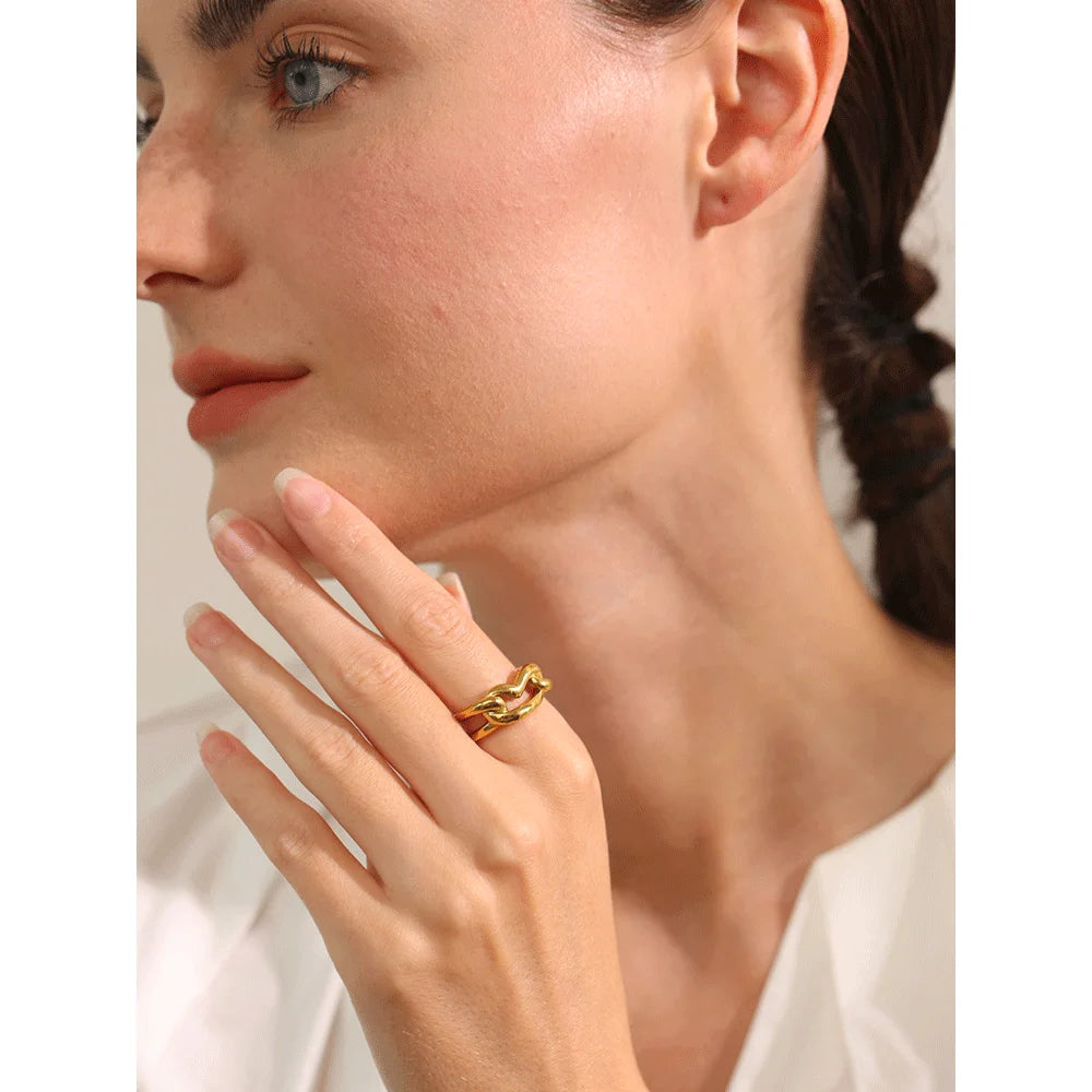 Yhpup-Handmade Geométrico Amor Anel Do Coração, Metal De Aço Inoxidável, 18K PVD Plated Textura, Charme Finger Jewelry, Camada Distintiva, Novo