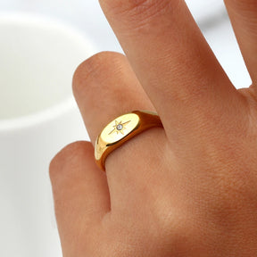 E.B. Belle-impermeável em aço inoxidável Oval Face Ring para senhora, zircão pavimentado Star Ring, resistente à água, anéis banhados a ouro 18k, 3A, novo