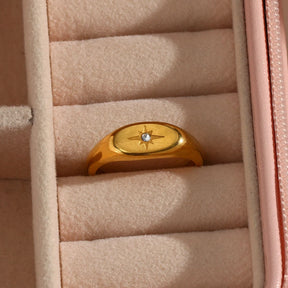 E.B. Belle-impermeável em aço inoxidável Oval Face Ring para senhora, zircão pavimentado Star Ring, resistente à água, anéis banhados a ouro 18k, 3A, novo