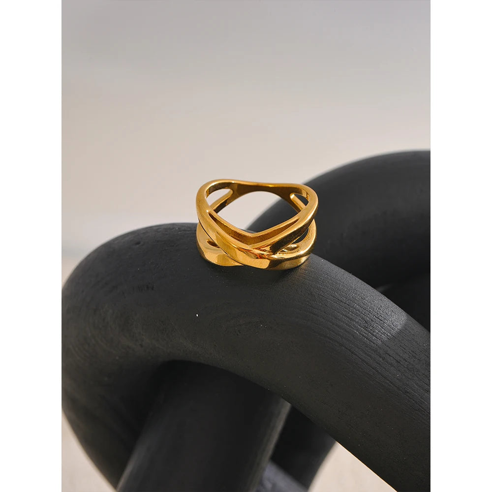 Anel Geométrico em Aço Inoxidável Yhpup, Banhado a Ouro 18K PVD, Minimalista Jóias Incomuns, Novo