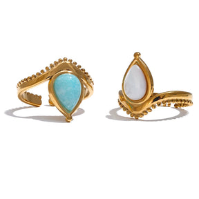 Yhpup-Pedra Natural Shell Anel Aberto Ajustável, Charme de Aço Inoxidável, Azul e Branco, Amazonite Jóias, Daily Fashion Gift, França, 2024