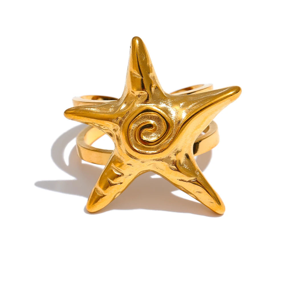 Yhpup-316L Aço inoxidável Starfish Open Ring, ajustável 18K Gold PVD Plated Metal, verão jóias personalizadas para férias