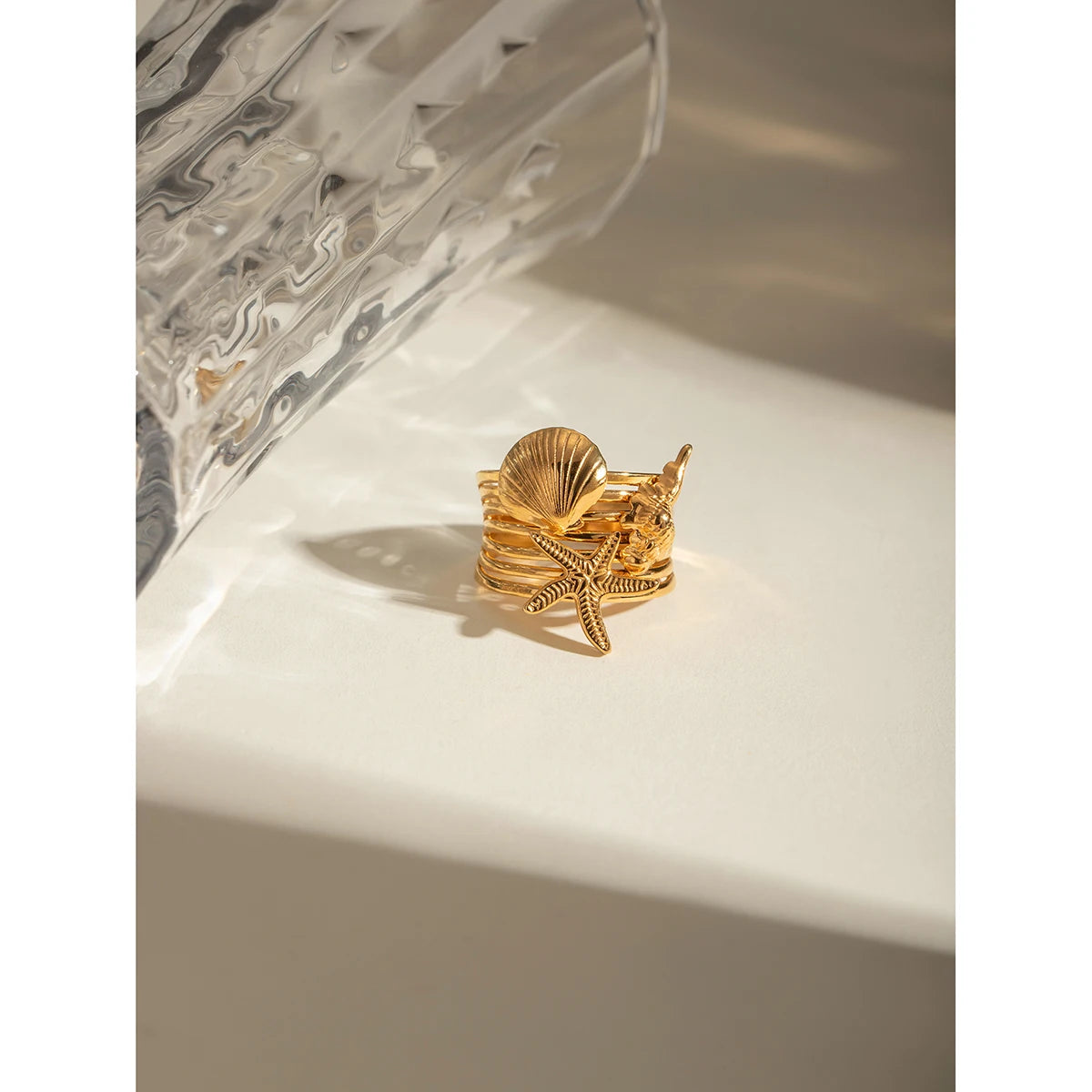 Anel aberto Starfish banhado a ouro 18k para mulheres, joia impermeável, aço inoxidável, elegante, único, simples, estrela do mar, concha