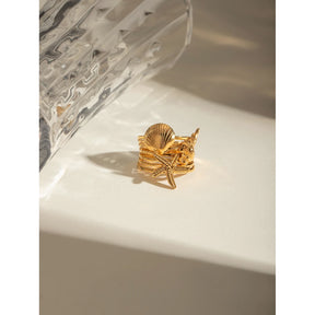 Anel aberto Starfish banhado a ouro 18k para mulheres, joia impermeável, aço inoxidável, elegante, único, simples, estrela do mar, concha