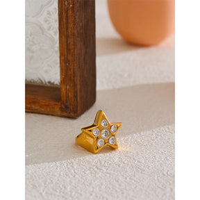 Yhpup Anel de zircônia cúbica de estrela de pentagrama de metal mais grosso 18K banhado a ouro joias de moda