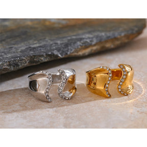 Yhpup-Zircônia Cúbica Incrustada Onda Geométrica Aberta Anel Ajustável, Banhado a Ouro 18K PVD, Moda em Aço Inoxidável, Chic Jewelry Gift
