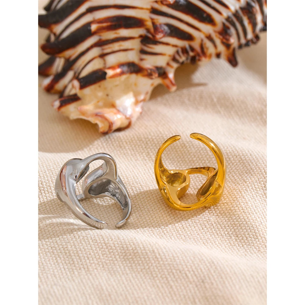 Yhpup-Água Gota Oco Aberto Anel Largo, aço inoxidável impermeável, 18K PVD Plated Textura, Charme Finger Jewelry Gift