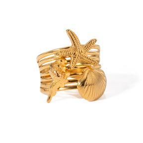 Anel aberto Starfish banhado a ouro 18k para mulheres, joia impermeável, aço inoxidável, elegante, único, simples, estrela do mar, concha