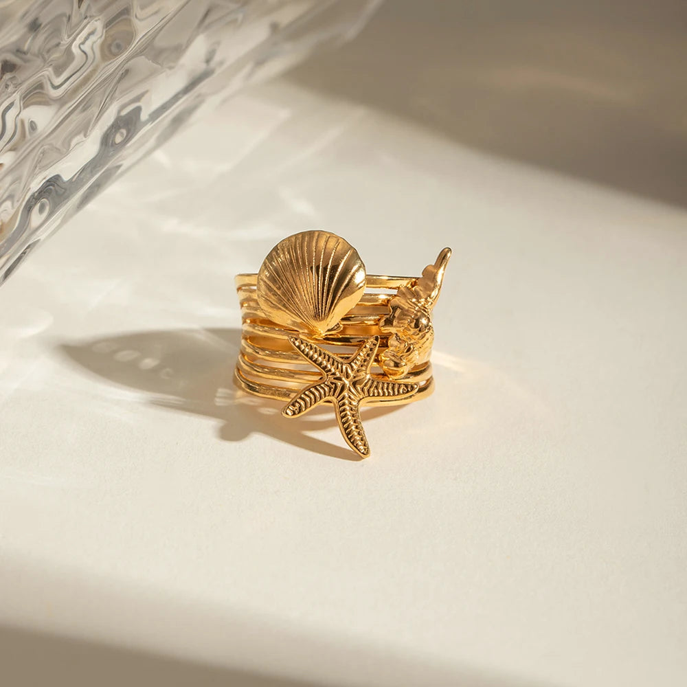 Anel aberto Starfish banhado a ouro 18k para mulheres, joia impermeável, aço inoxidável, elegante, único, simples, estrela do mar, concha