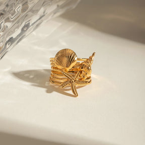 Anel aberto Starfish banhado a ouro 18k para mulheres, joia impermeável, aço inoxidável, elegante, único, simples, estrela do mar, concha