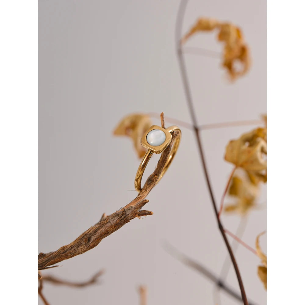 Yhpup-Shell Natural Quadrado Anel Fino, Aço Inoxidável 316L, Cor do Ouro Charme, Jóias Chic, 18K PVD banhado, à prova d'água