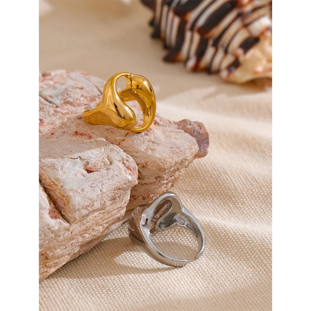 Yhpup-Água Gota Oco Aberto Anel Largo, aço inoxidável impermeável, 18K PVD Plated Textura, Charme Finger Jewelry Gift