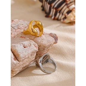 Yhpup-Água Gota Oco Aberto Anel Largo, aço inoxidável impermeável, 18K PVD Plated Textura, Charme Finger Jewelry Gift