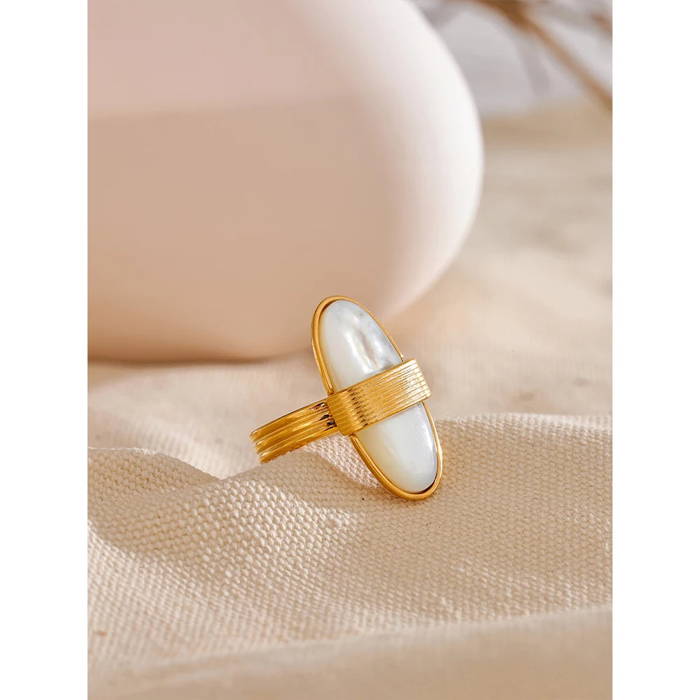 Yhpup-Anel Aberto de Aço Inoxidável Geométrico, Concha Natural, Cor Dourada, 18K PVD Banhado, Alta Qualidade, França Finger Jewelry, Luxo, 2024