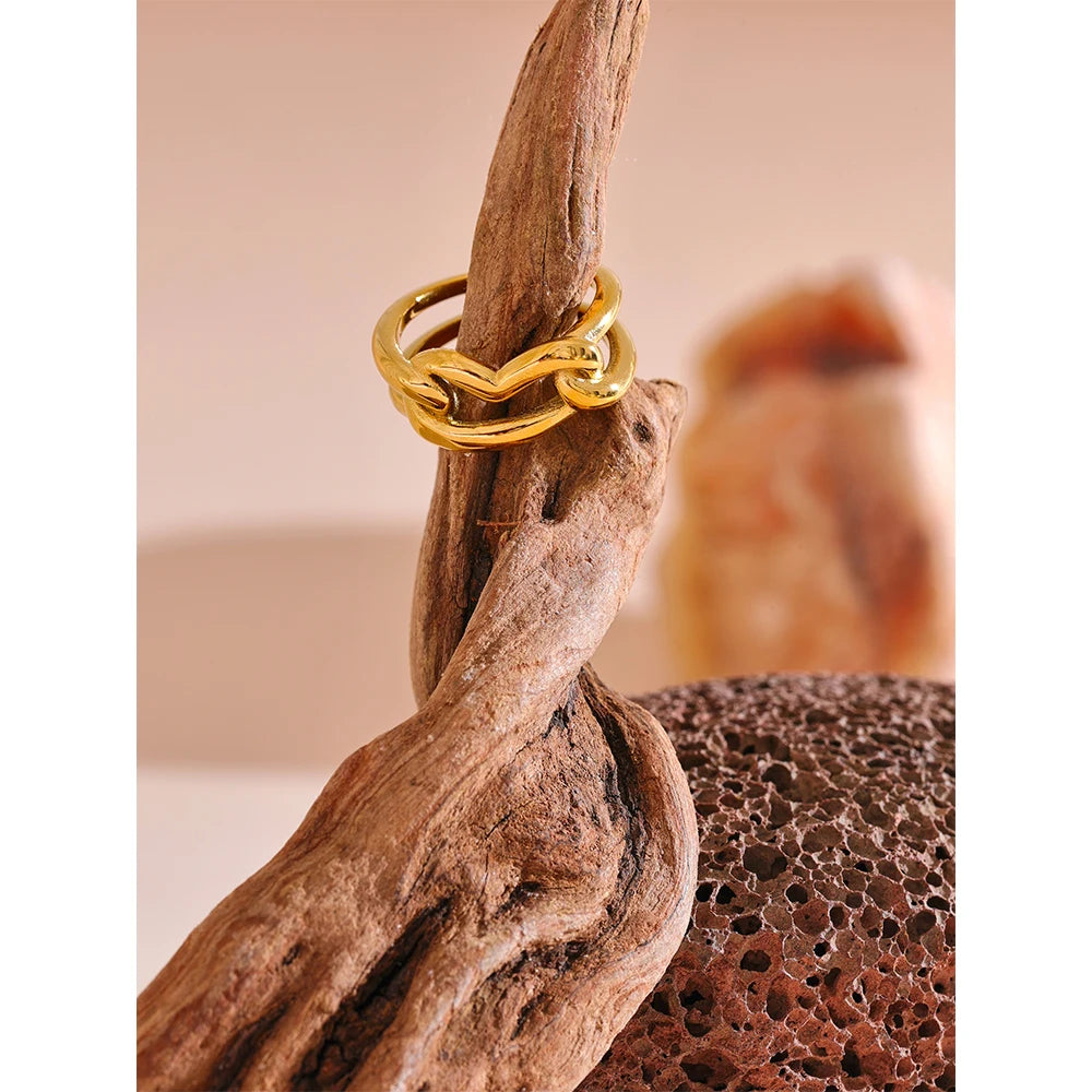 Yhpup-Handmade Geométrico Amor Anel Do Coração, Metal De Aço Inoxidável, 18K PVD Plated Textura, Charme Finger Jewelry, Camada Distintiva, Novo