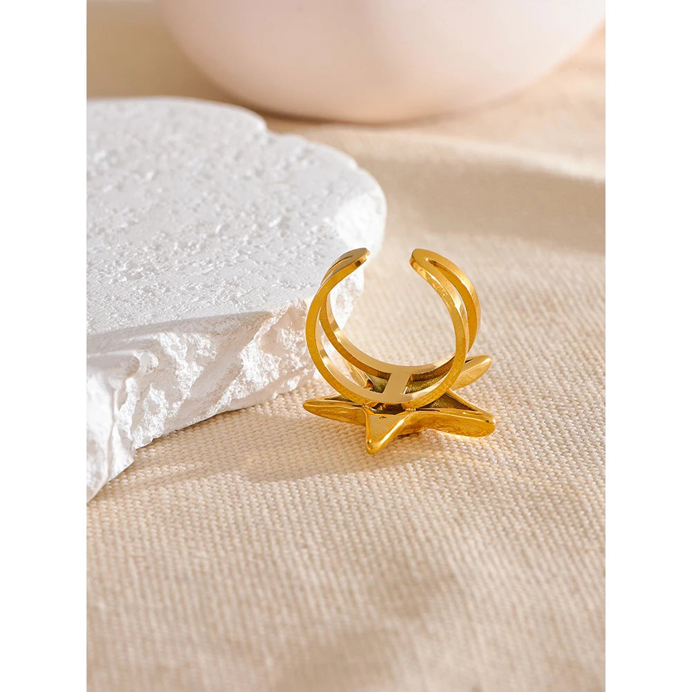 Yhpup-316L Aço inoxidável Starfish Open Ring, ajustável 18K Gold PVD Plated Metal, verão jóias personalizadas para férias