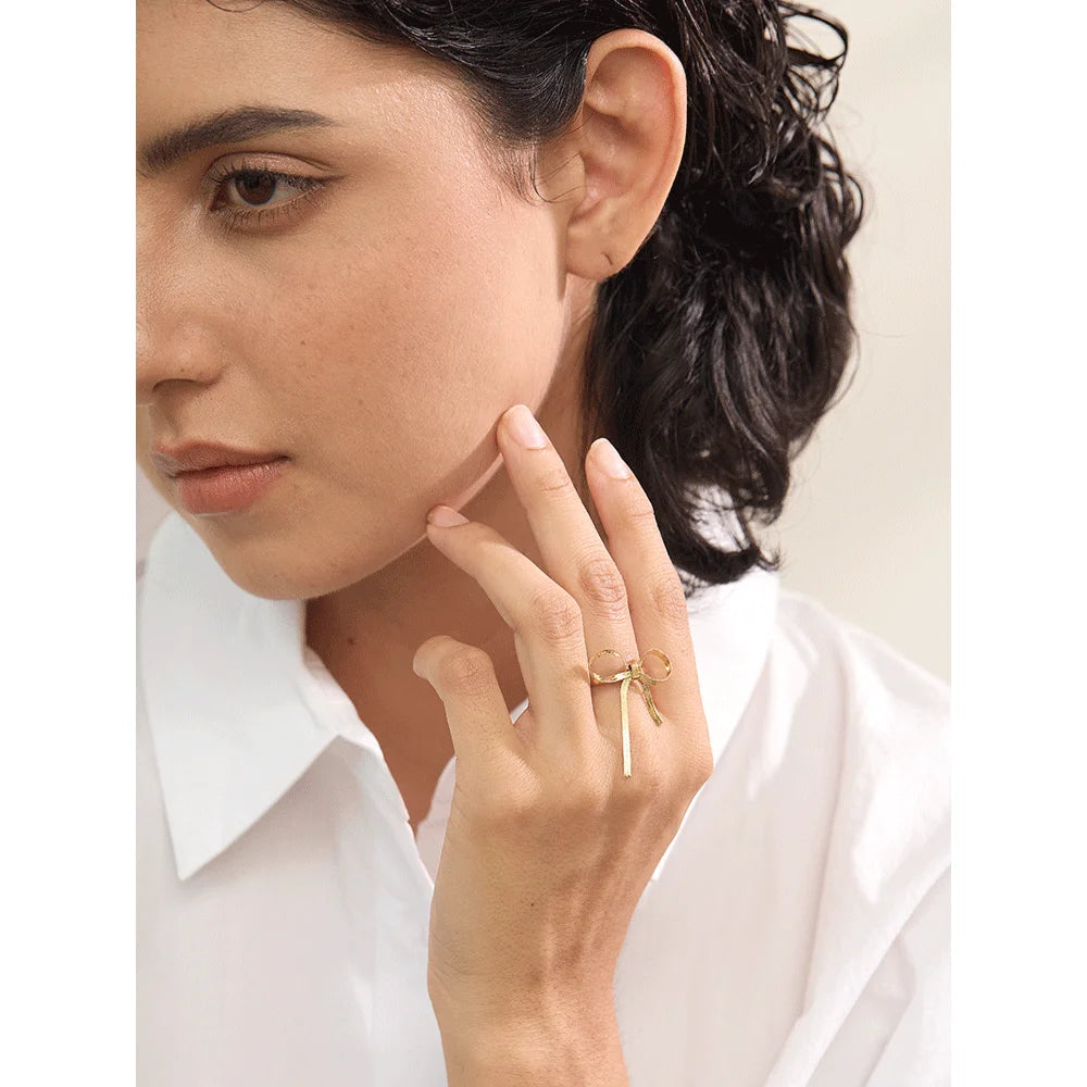 Yhpup-Anel de nó elegante em aço inoxidável para mulheres, ajustável aberto, joias na moda, 2024