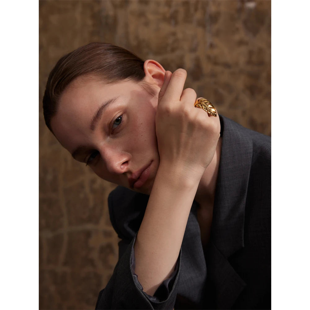 Yhpup-Aço Inoxidável Folhas de Metal Open Ring, Resistente à Água, À Prova de Ferrugem, Individualista, Design Elegante, Joalheria, Presente