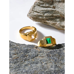 Yhpup branco verde zircônia cúbica quadrado de aço inoxidável à prova dwaterproof água anel charme textura elegante jóias de ouro